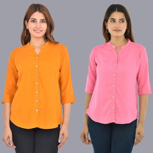 Pack Of 2 Womens Solid Mustard and Pink Rayon Chinese Collar Shirts Combo