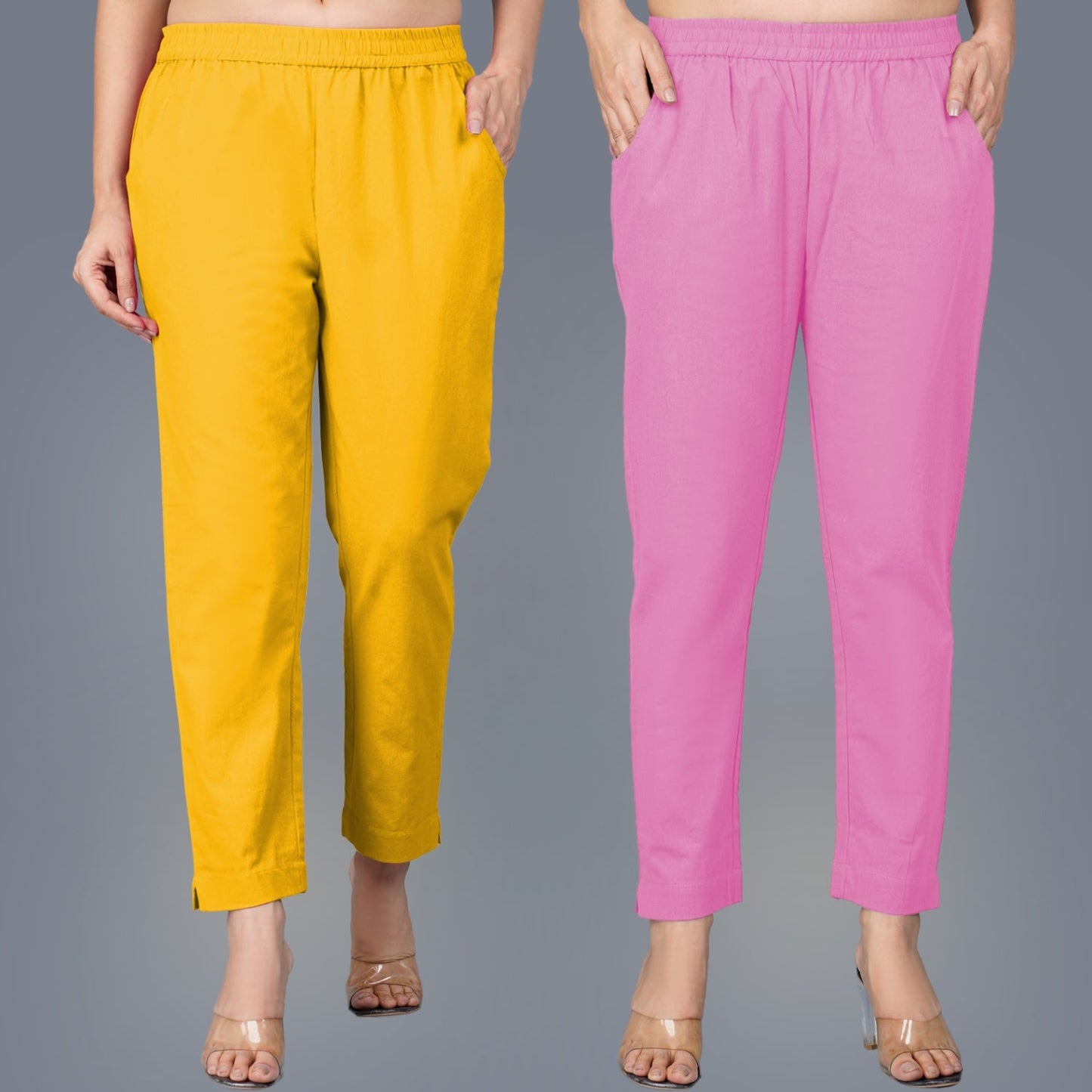 Pack Of 2 Womens Regular Fit Mustard And Pink Fully Elastic Waistband Cotton Trouser