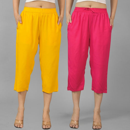 Pack Of 2 Womens Mustard And Rani Pink Calf Length Rayon Culottes Trouser Combo