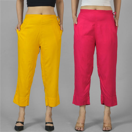 Pack Of 2 Womens Mustard And Rani Pink Ankle Length Rayon Culottes Trouser Combo