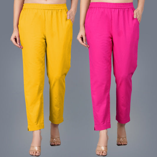 Pack Of 2 Womens Regular Fit Mustard And Rani Pink Fully Elastic Waistband Cotton Trouser