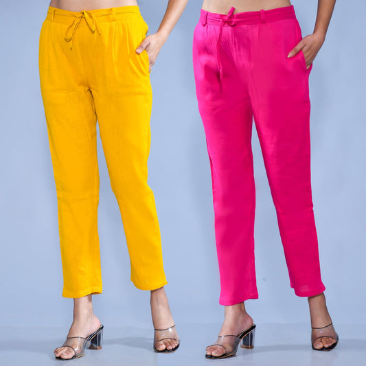 Pack Of 2 Womens Regular Fit Mustard And Rani Pink Cotton Slub Belt Pant Combo