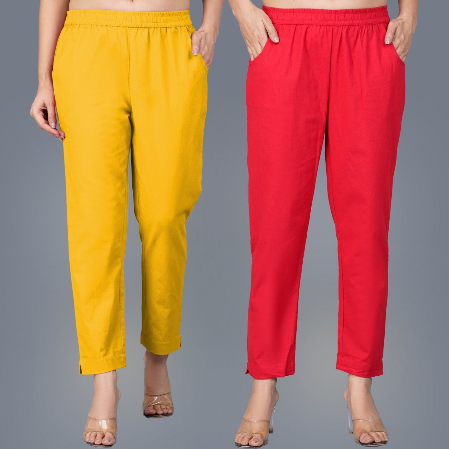 Pack Of 2 Womens Regular Fit Mustard And Red Fully Elastic Waistband Cotton Trouser
