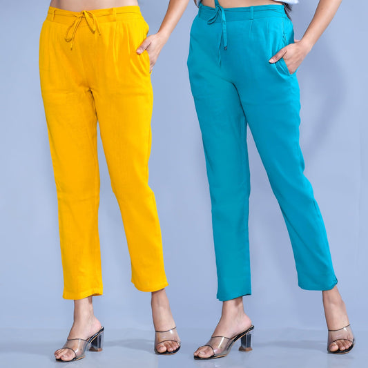 Pack Of 2 Womens Regular Fit Mustard And Blue Cotton Slub Belt Pant Combo