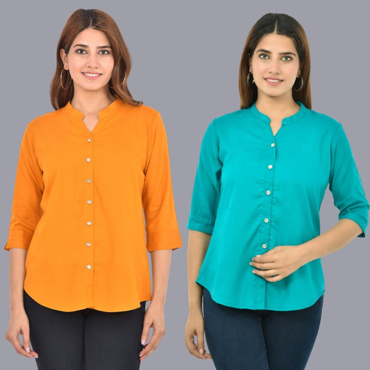Pack Of 2 Womens Solid Mustard and Sky Blue Rayon Chinese Collar Shirts Combo