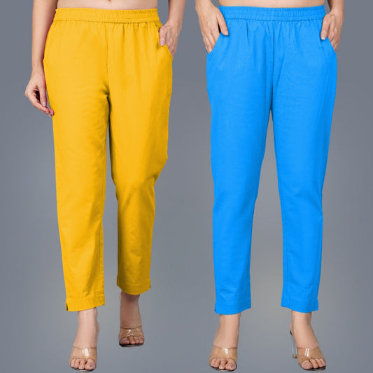 Pack Of 2 Womens Regular Fit Mustard And Sky Blue Fully Elastic Waistband Cotton Trouser