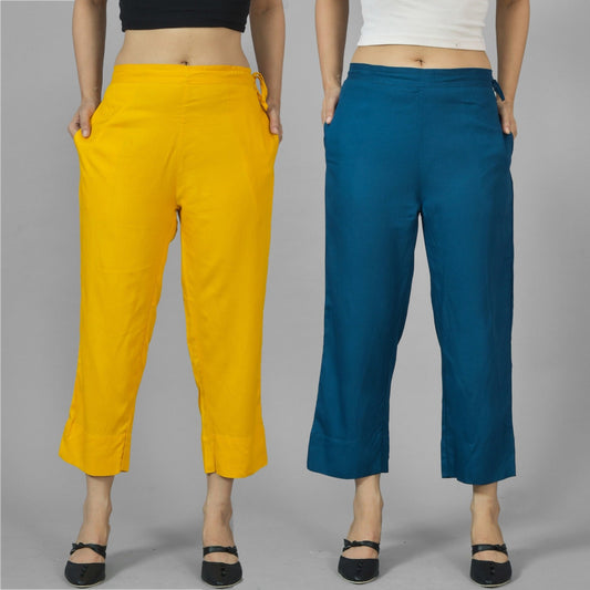 Pack Of 2 Womens Mustard And Teal Blue Ankle Length Rayon Culottes Trouser Combo