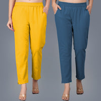 Pack Of 2 Womens Regular Fit Mustard And Teal Blue Fully Elastic Waistband Cotton Trouser