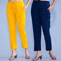 Pack Of 2 Womens Regular Fit Mustard And Teal Blue Cotton Slub Belt Pant Combo