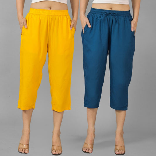 Pack Of 2 Womens Mustard And Teal Blue Calf Length Rayon Culottes Trouser Combo
