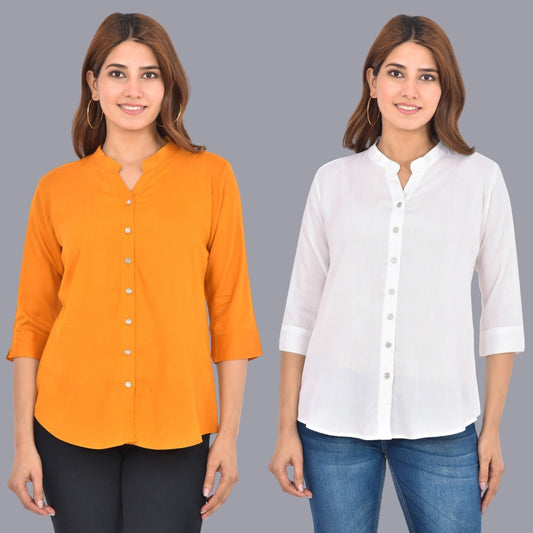 Pack Of 2 Womens Solid Mustard and White Rayon Chinese Collar Shirts Combo