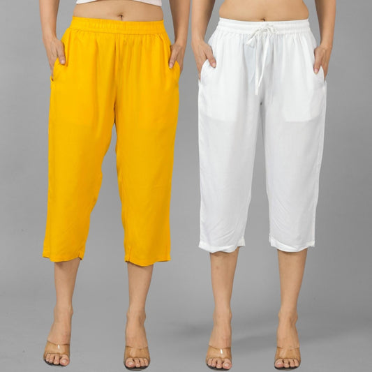 Pack Of 2 Womens Mustard And White Calf Length Rayon Culottes Trouser Combo