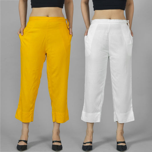 Pack Of 2 Womens Mustard And White Ankle Length Rayon Culottes Trouser Combo