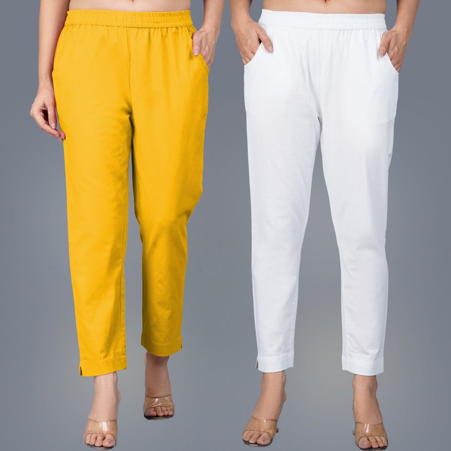 Pack Of 2 Womens Regular Fit Mustard And White Fully Elastic Waistband Cotton Trouser