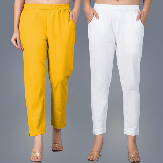 Pack Of 2 Womens Regular Fit Mustard And White Fully Elastic Waistband Cotton Trouser