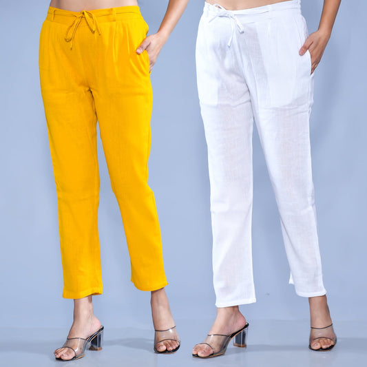 Pack Of 2 Womens Regular Fit Mustard And White Cotton Slub Belt Pant Combo