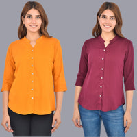 Pack Of 2 Womens Solid Mustard and Wine Rayon Chinese Collar Shirts Combo
