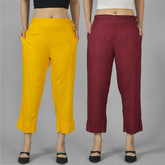 Pack Of 2 Womens Mustard And Wine Ankle Length Rayon Culottes Trouser Combo