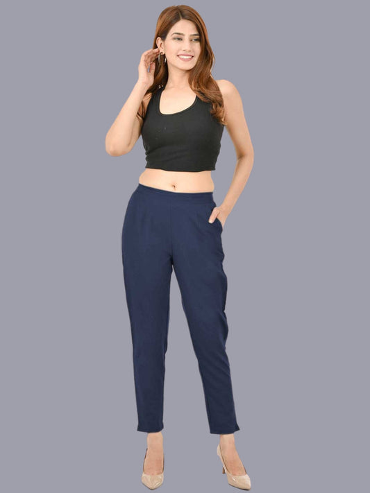 Women Regular Fit Navy Blue Cotton Trouser