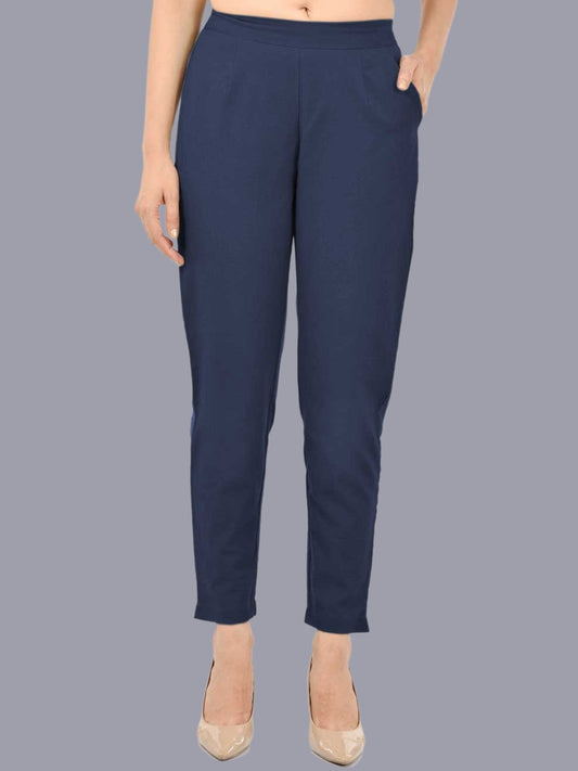Women Regular Fit Navy Blue Cotton Trouser