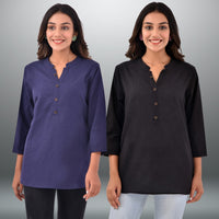 Pack Of 2 Womens Regular Fit Navy Blue And Black Three Fourth Sleeve Cotton Tops Combo