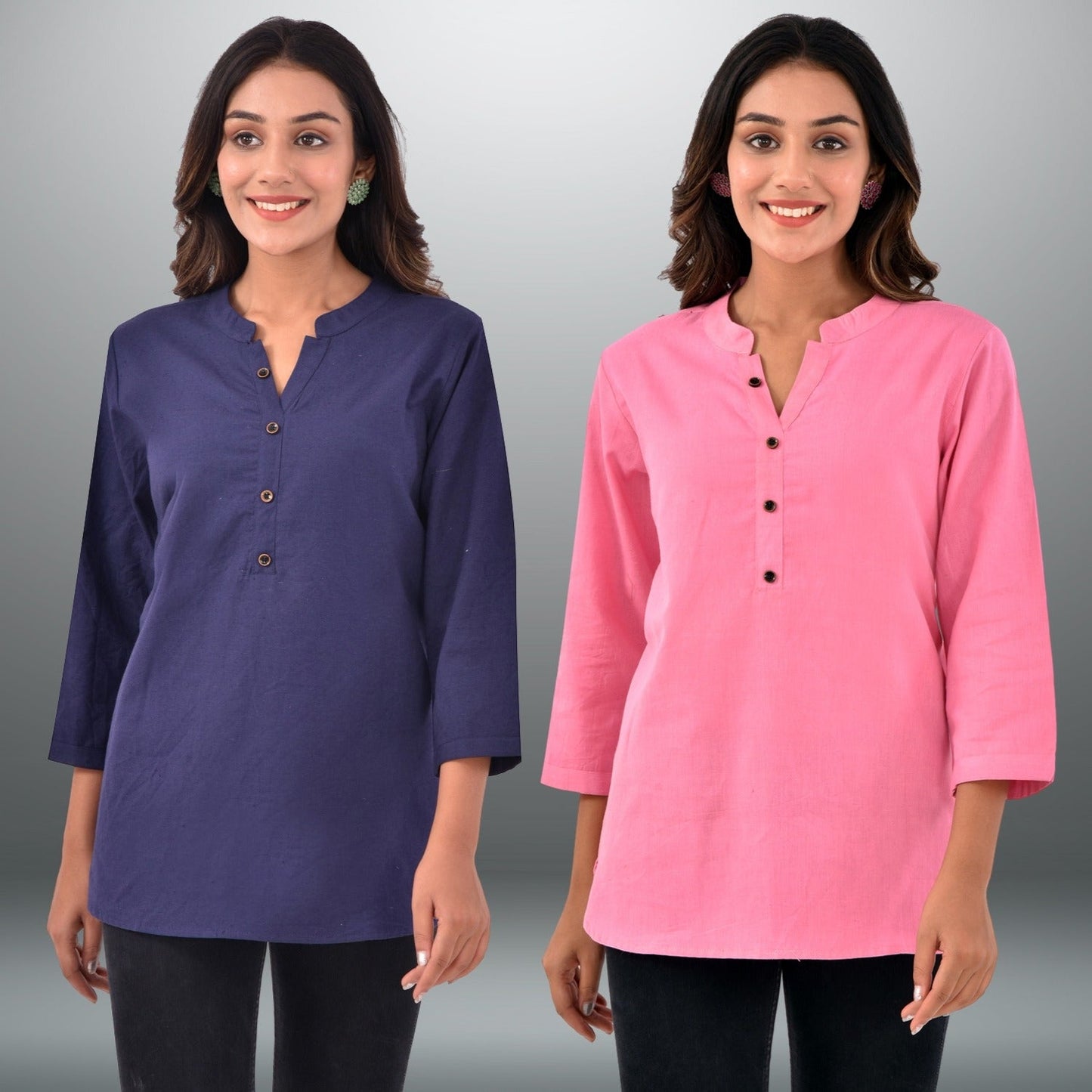 Pack Of 2 Womens Regular Fit Navy Blue And Pink Three Fourth Sleeve Cotton Tops Combo