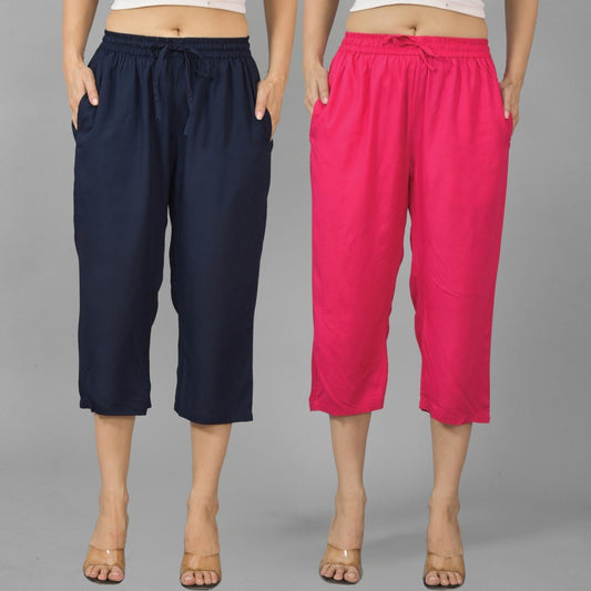 Pack Of 2 Womens Navy Blue And Rani Pink Calf Length Rayon Culottes Trouser Combo