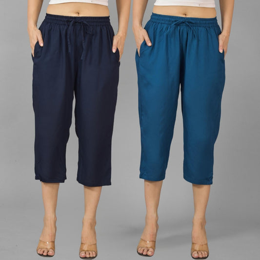 Pack Of 2 Womens Navy Blue And Teal Blue Calf Length Rayon Culottes Trouser Combo