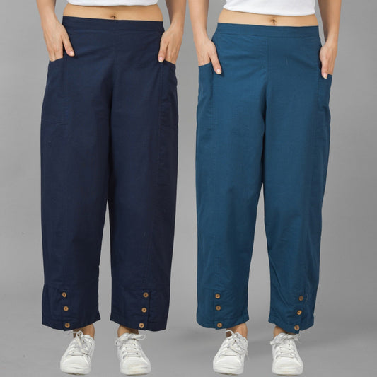 Combo Pack Of Womens Navy Blue And Teal Blue Side Pocket Straight Cargo Pants