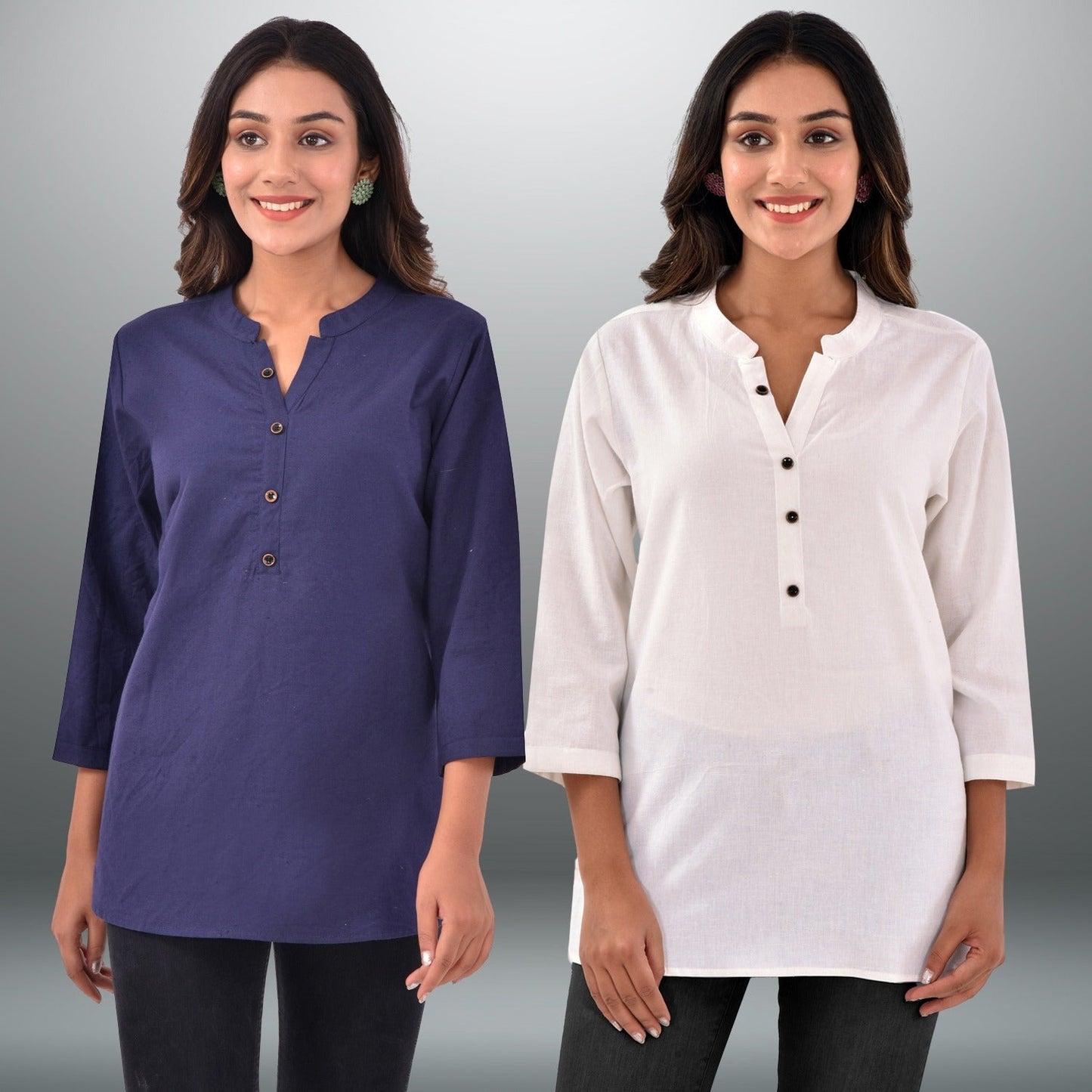Pack Of 2 Womens Regular Fit Navy Blue And White Three Fourth Sleeve Cotton Tops Combo