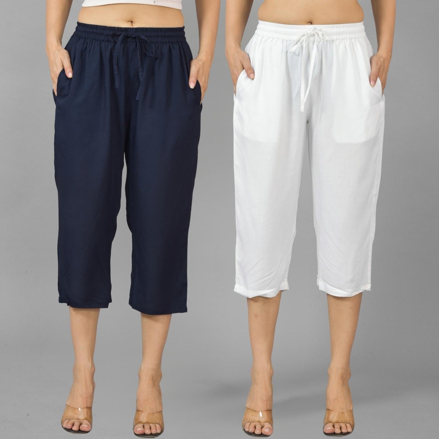 Pack Of 2 Womens Navy Blue And White Calf Length Rayon Culottes Trouser Combo