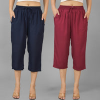 Pack Of 2 Womens Navy Blue And Wine Calf Length Rayon Culottes Trouser Combo