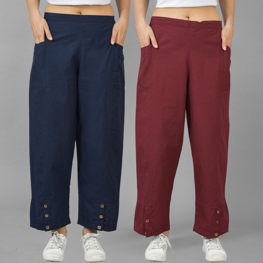 Combo Pack Of Womens Navy Blue And Wine Side Pocket Straight Cargo Pants