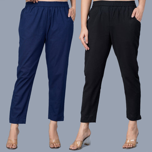 Pack Of 2 Womens Regular Fit Navy Blue And Black Fully Elastic Waistband Cotton Trouser