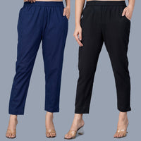 Pack Of 2 Womens Regular Fit Navy Blue And Black Fully Elastic Waistband Cotton Trouser