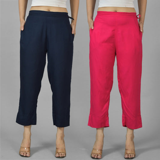 Pack Of 2 Womens Navy Blue And Rani Pink Ankle Length Rayon Culottes Trouser Combo