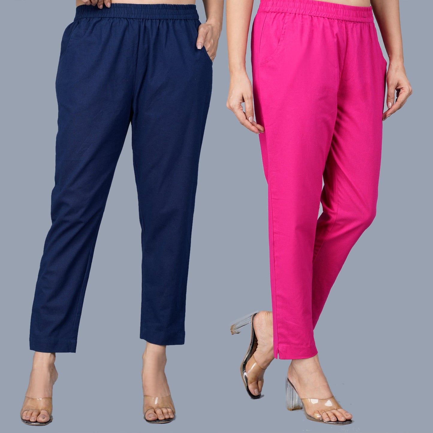Pack Of 2 Womens Regular Fit Navy Blue And Rani Pink Fully Elastic Waistband Cotton Trouser