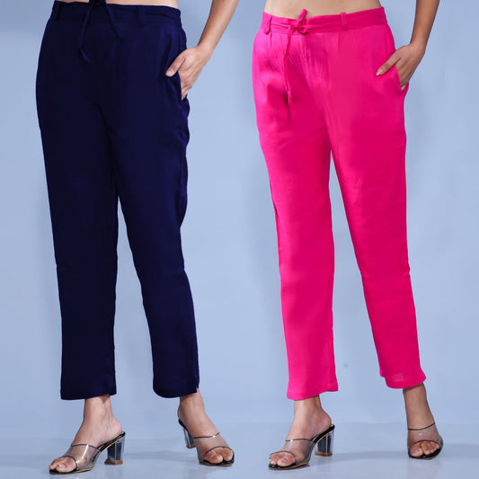 Pack Of 2 Womens Regular Fit Navy Blue And Rani Pink Cotton Slub Belt Pant Combo