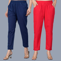 Pack Of 2 Womens Regular Fit Navy Blue And Red Fully Elastic Waistband Cotton Trouser