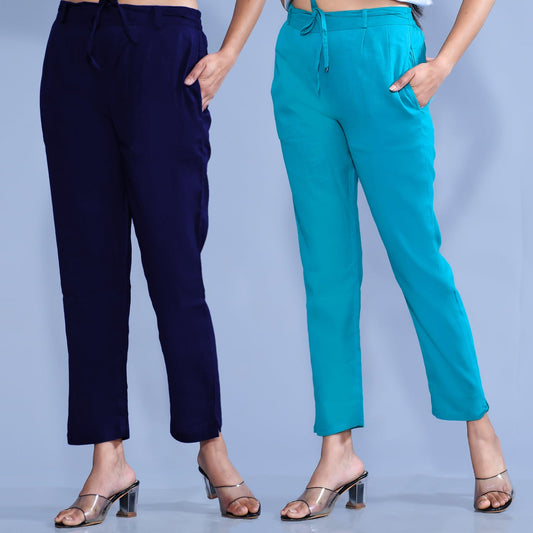 Pack Of 2 Womens Regular Fit Navy Blue And Blue Cotton Slub Belt Pant Combo