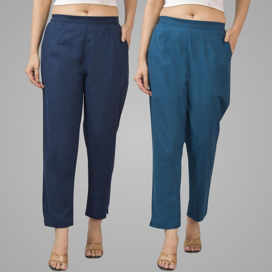 Pack Of 2 Womens Half Elastic Navy Blue And Teal Blue Deep Pocket Cotton Pants
