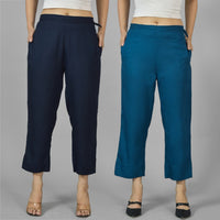 Pack Of 2 Womens Navy Blue And Teal Blue Ankle Length Rayon Culottes Trouser Combo