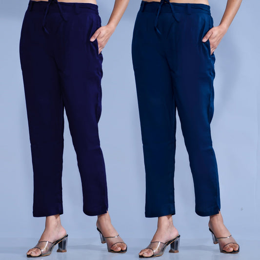 Pack Of 2 Womens Regular Fit Navy Blue And Teal  Blue Cotton Slub Belt Pant Combo
