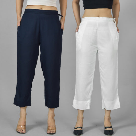 Pack Of 2 Womens Navy Blue And White Ankle Length Rayon Culottes Trouser Combo