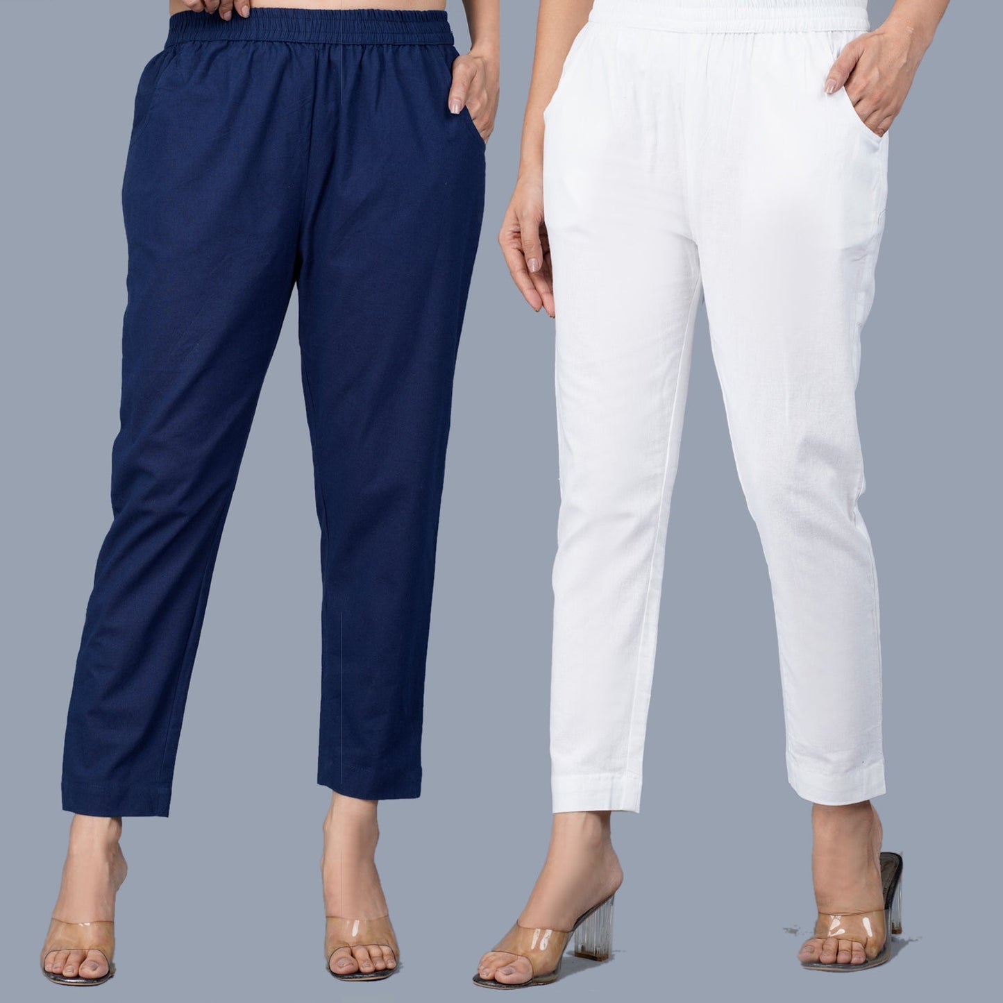 Pack Of 2 Womens Regular Fit Navy Blue And White Fully Elastic Waistband Cotton Trouser