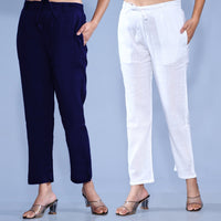 Pack Of 2 Womens Regular Fit Navy Blue And White Cotton Slub Belt Pant Combo