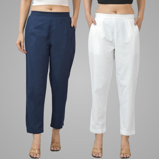 Pack Of 2 Womens Half Elastic Navy Blue And White Deep Pocket Cotton Pants