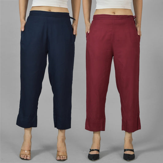 Pack Of 2 Womens Navy Blue And Wine Ankle Length Rayon Culottes Trouser Combo