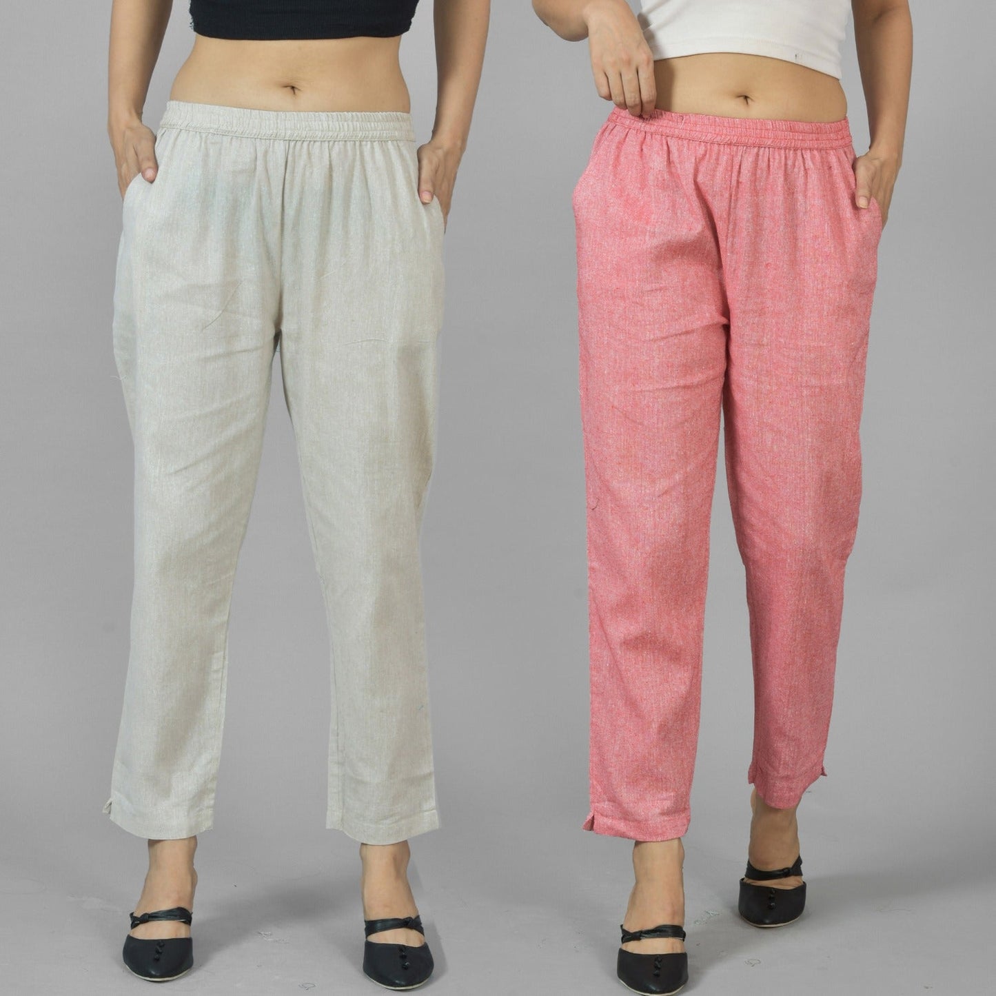 Pack Of 2 Womens Off White and Red Fully Elastic Cotton Trousers