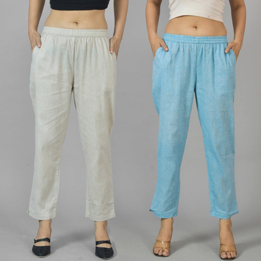 Pack Of 2 Womens Off White and Sky Blue Fully Elastic Cotton Trousers